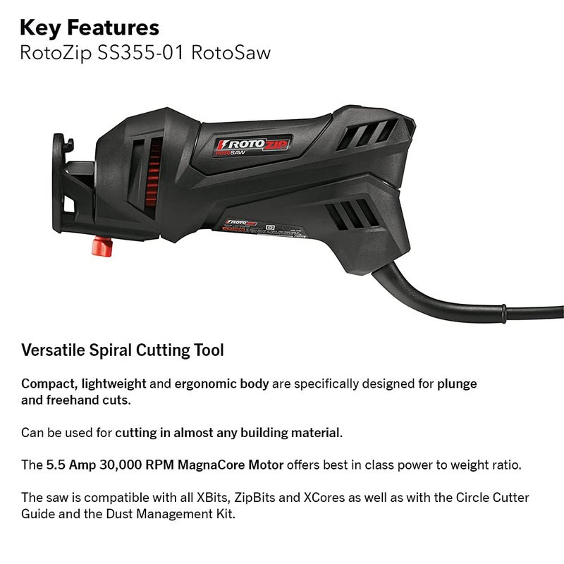Rotozip SS355-10 5.5 Amp High Performance Spiral Saw Tool Kit with (3) Collects and (2) Bits, Compact & Lightweight - Ideal for Plunge Cuts, Freehand Cuts, and Cut-Outs - Image 2